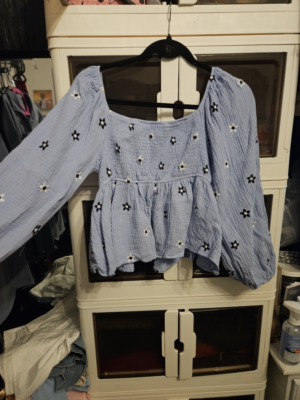 Source Unknown Light Blue Embroidered Peasant Blouse